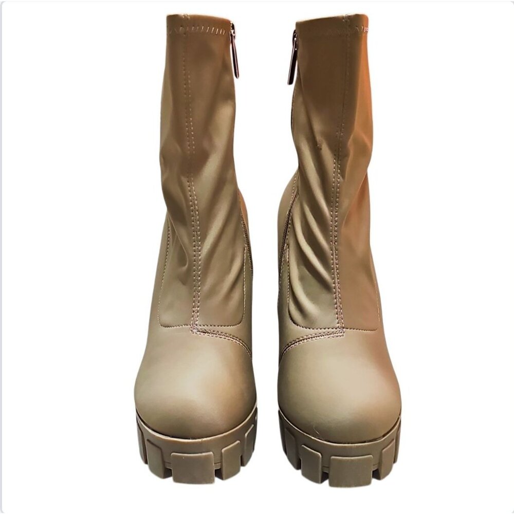 Chunky Platform Block Heel Ankle Boots With Side Zipper In Taupe Satin Material - Picture 10 of 10